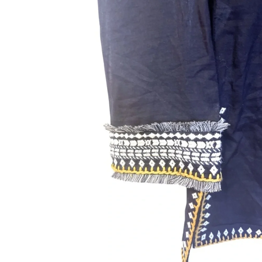 Tory Burch Embroidered Cotton Tunic top with Fringe in Navy‎ White Gold 0